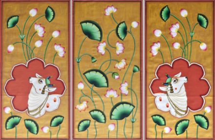 Picture of Cows and Lotus with Golden Background